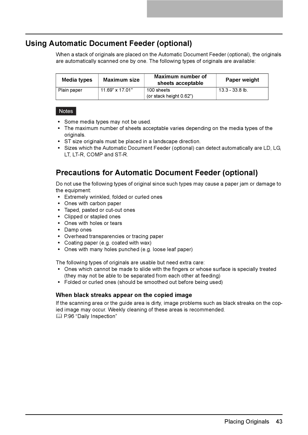 Toshiba DP-1810 manual Using Automatic Document Feeder optional, Precautions for Automatic Document Feeder optional 