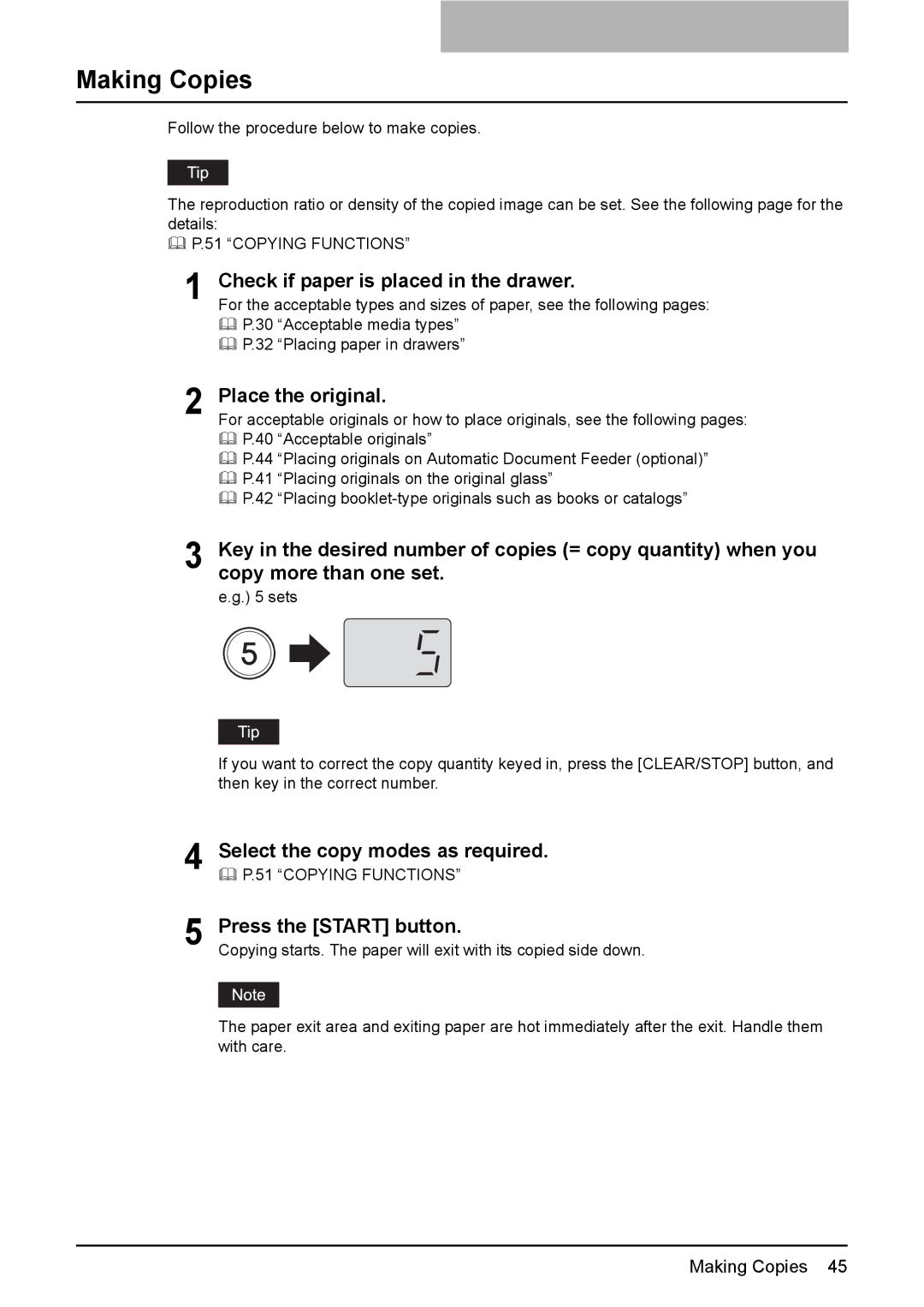 Toshiba DP-1810 manual Making Copies, Check if paper is placed in the drawer, Place the original 