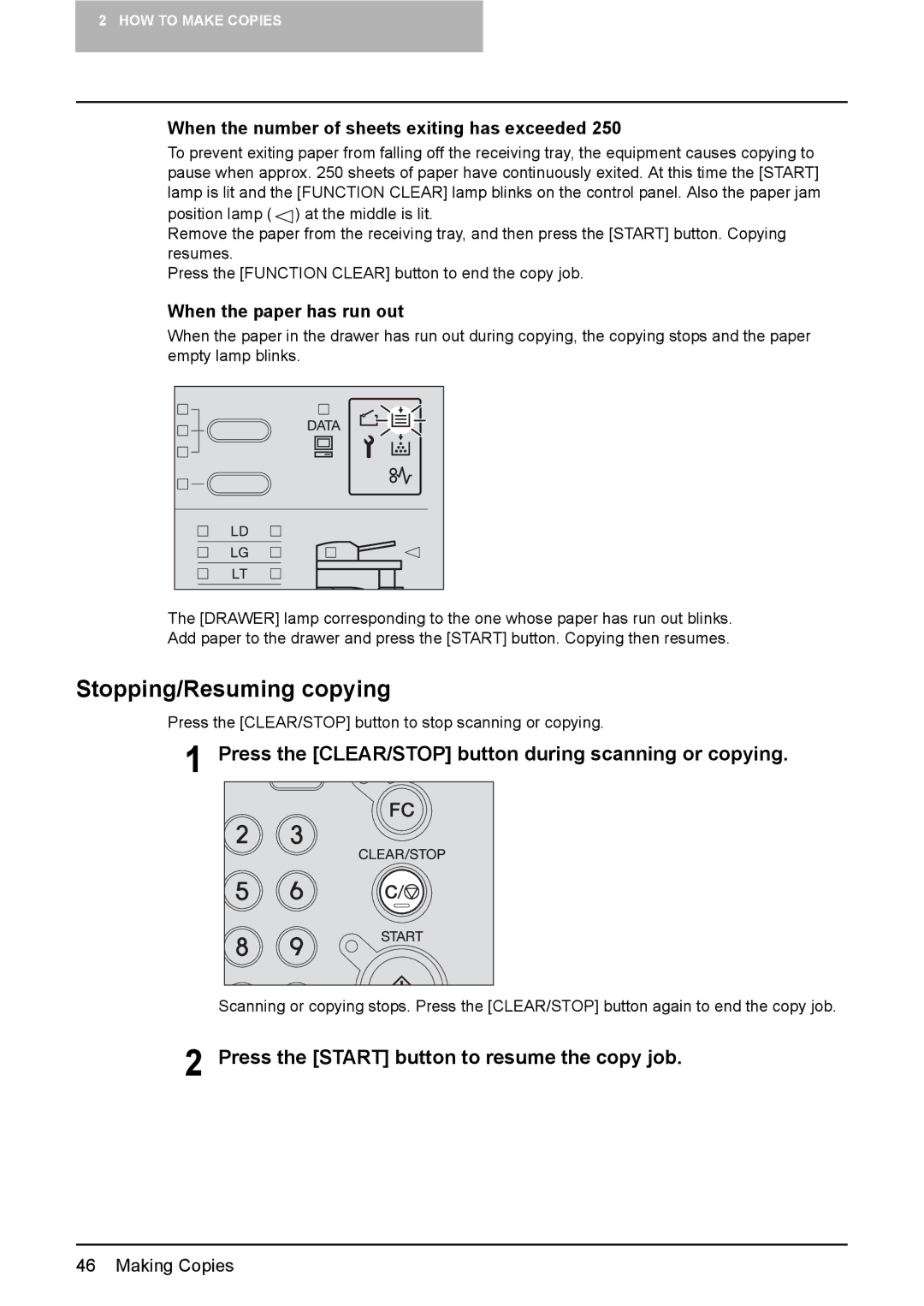 Toshiba DP-1810 manual Stopping/Resuming copying, Press the CLEAR/STOP button during scanning or copying 