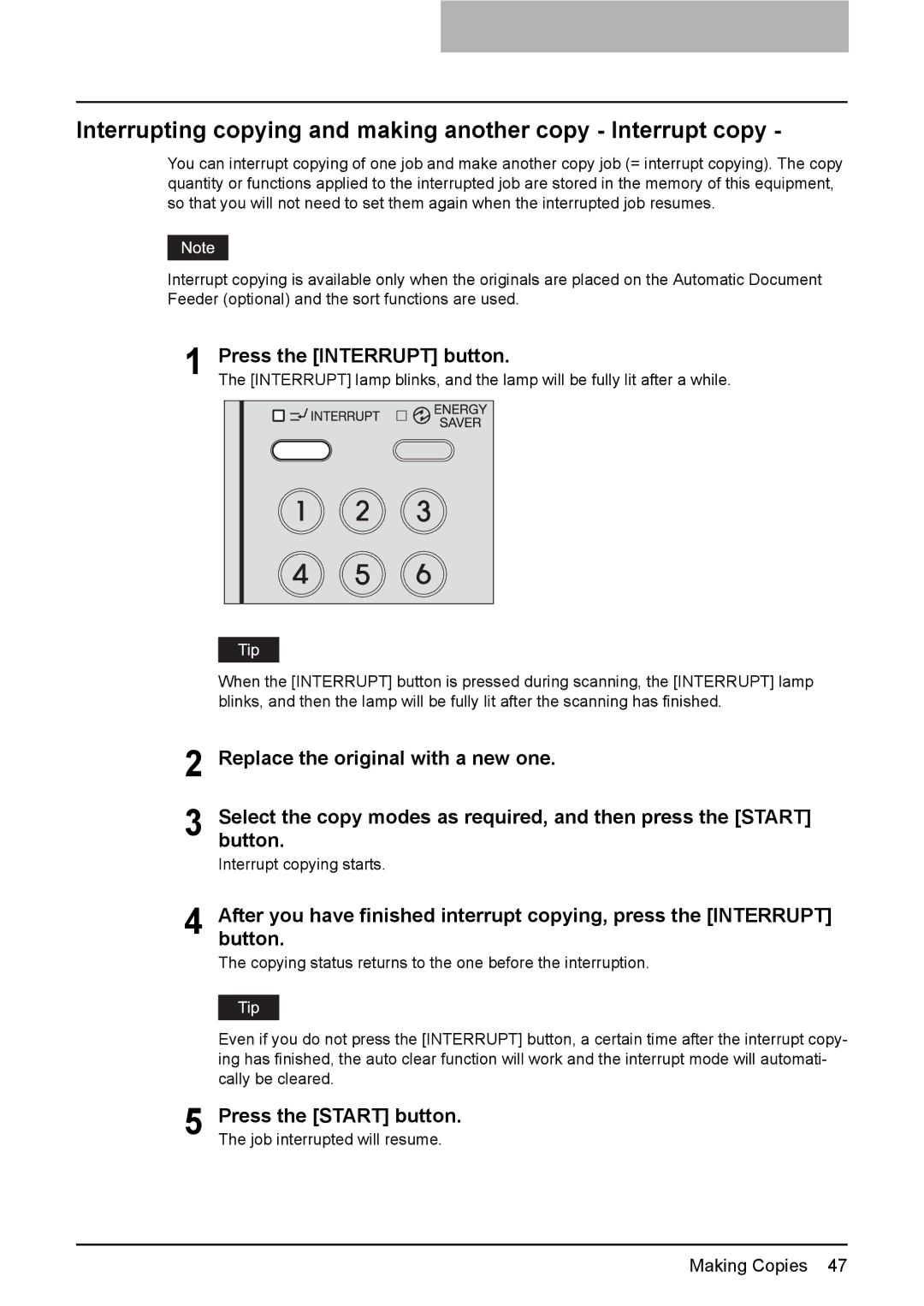 Toshiba DP-1810 manual Interrupting copying and making another copy Interrupt copy, Press the Interrupt button 