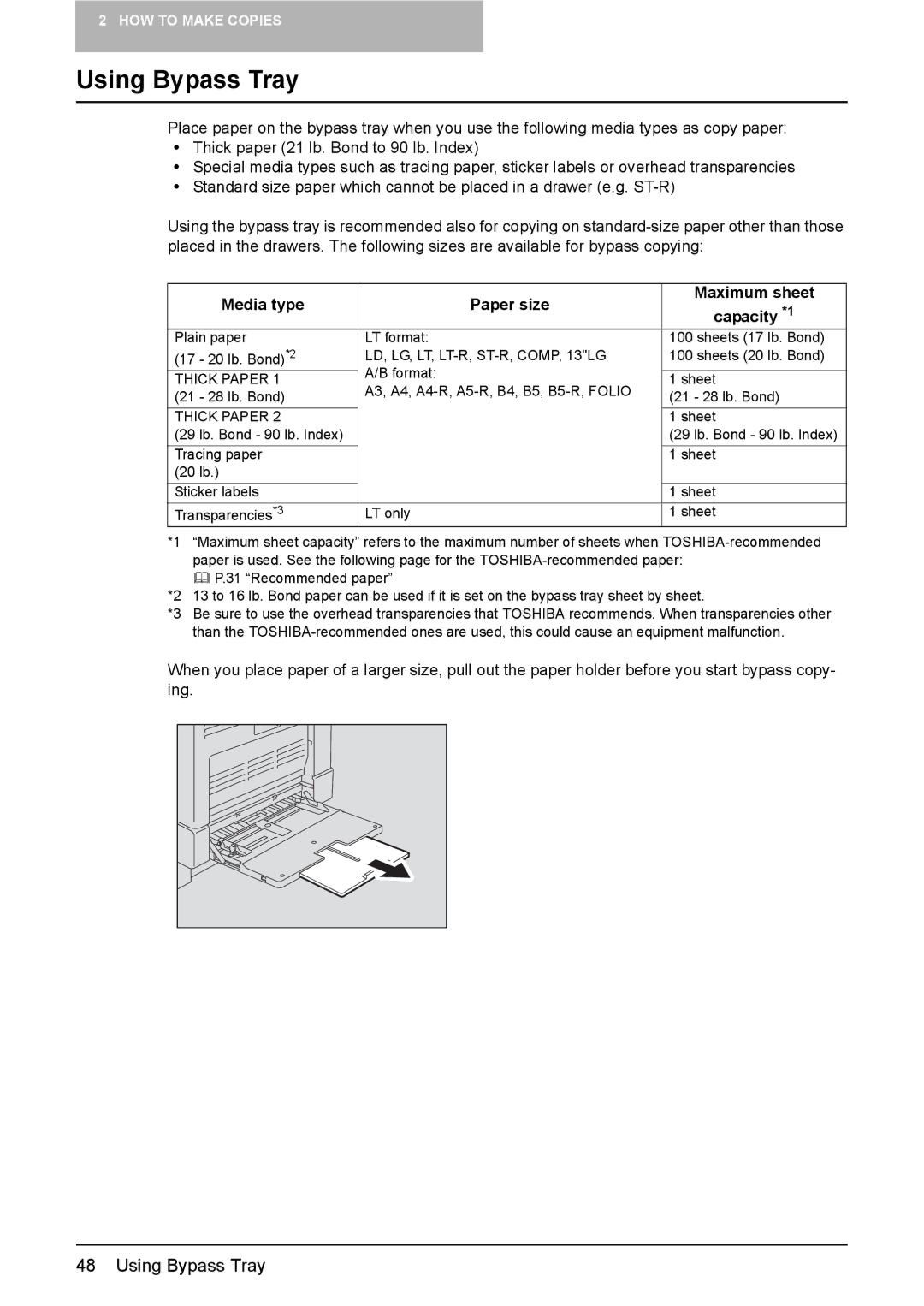 Toshiba DP-1810 manual Using Bypass Tray, Media type Paper size Maximum sheet Capacity *1 