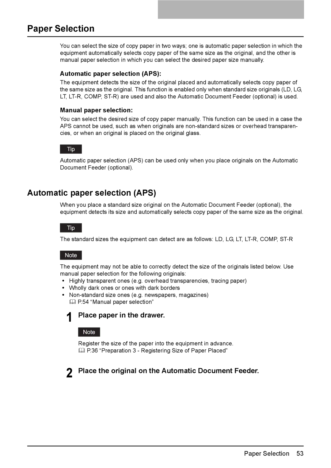 Toshiba DP-1810 manual Paper Selection, Automatic paper selection APS, Place the original on the Automatic Document Feeder 