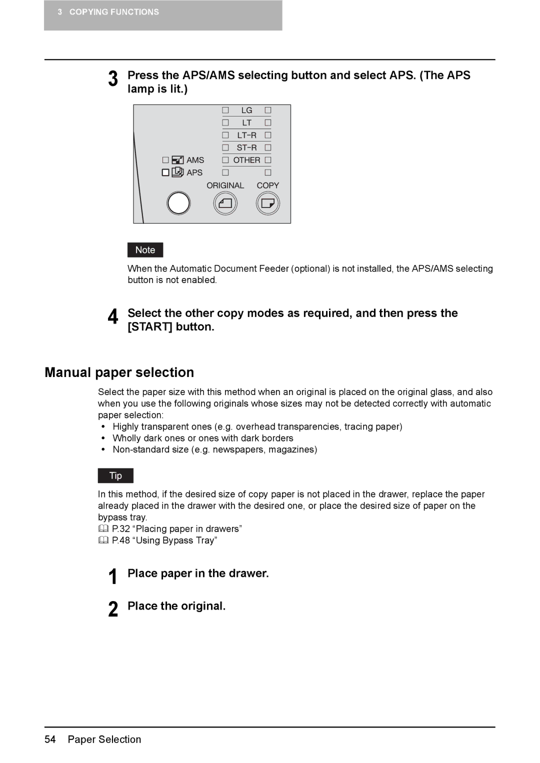 Toshiba DP-1810 manual Manual paper selection, Place paper in the drawer Place the original 