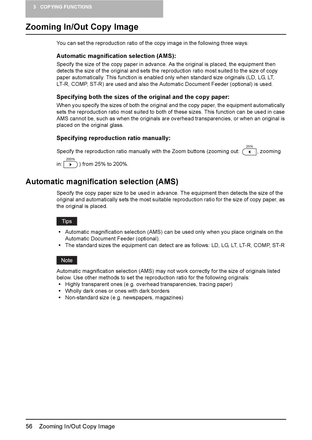 Toshiba DP-1810 Zooming In/Out Copy Image, Automatic magnification selection AMS, Specifying reproduction ratio manually 