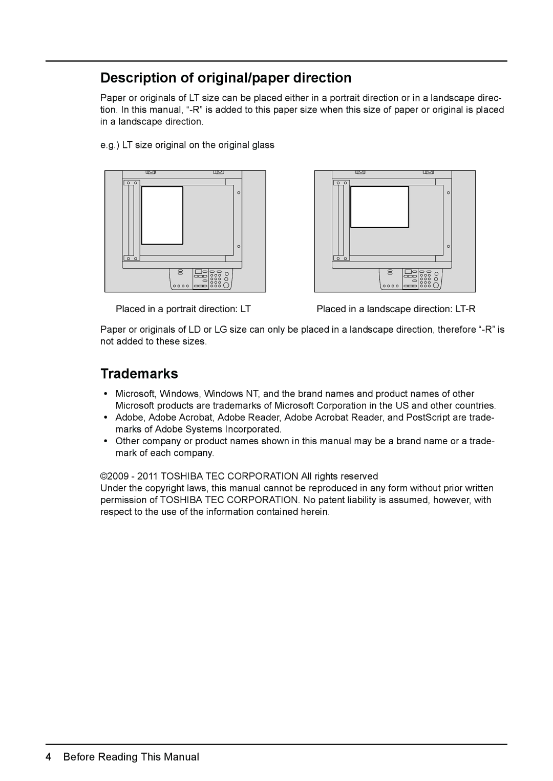 Toshiba DP-1810 manual Description of original/paper direction, Trademarks 