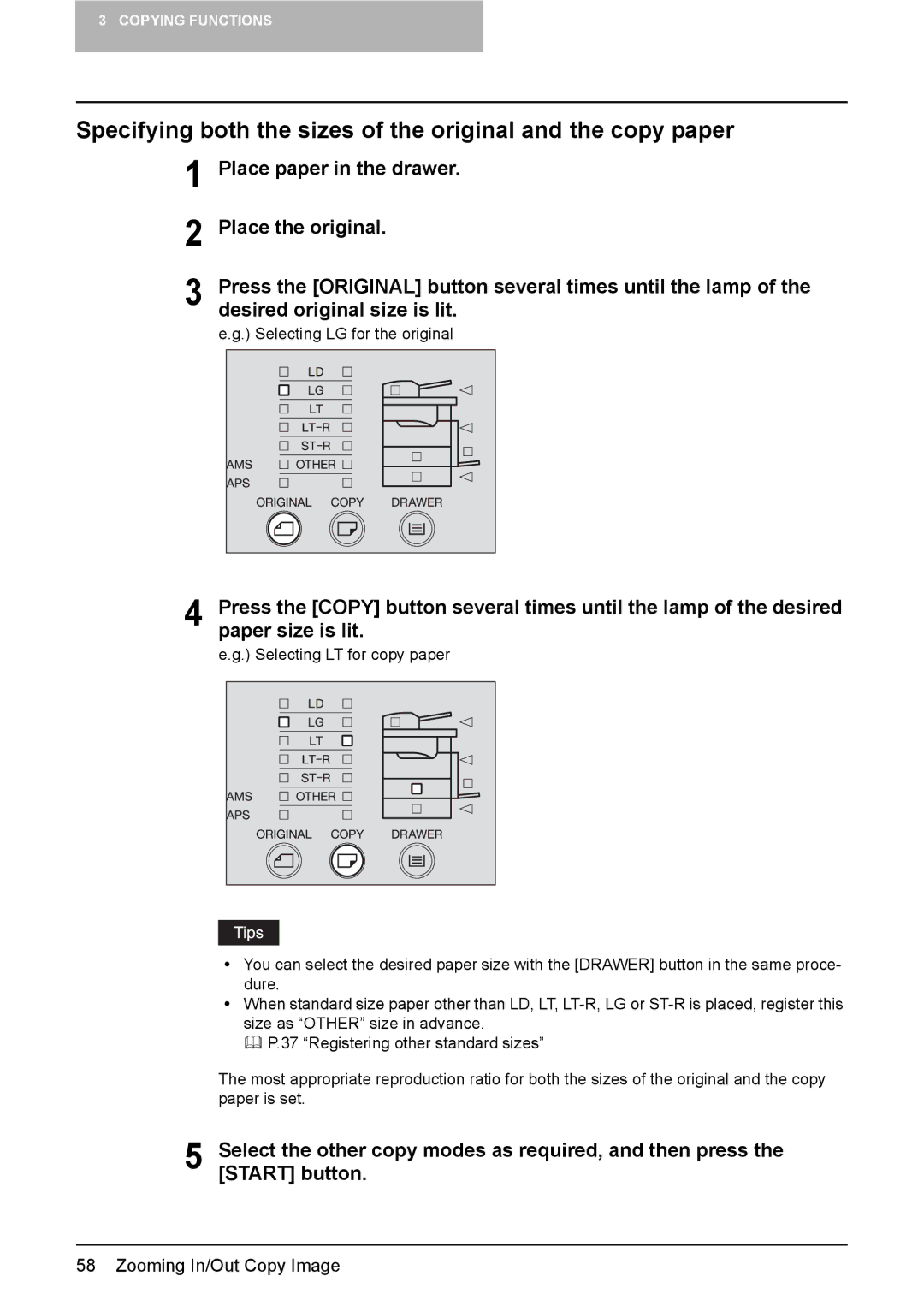 Toshiba DP-1810 manual Specifying both the sizes of the original and the copy paper 