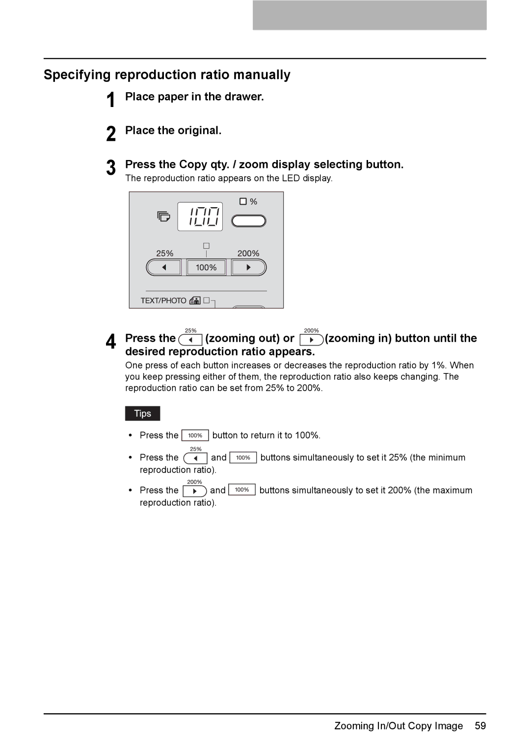 Toshiba DP-1810 Specifying reproduction ratio manually, Press Zooming out or, Desired reproduction ratio appears 