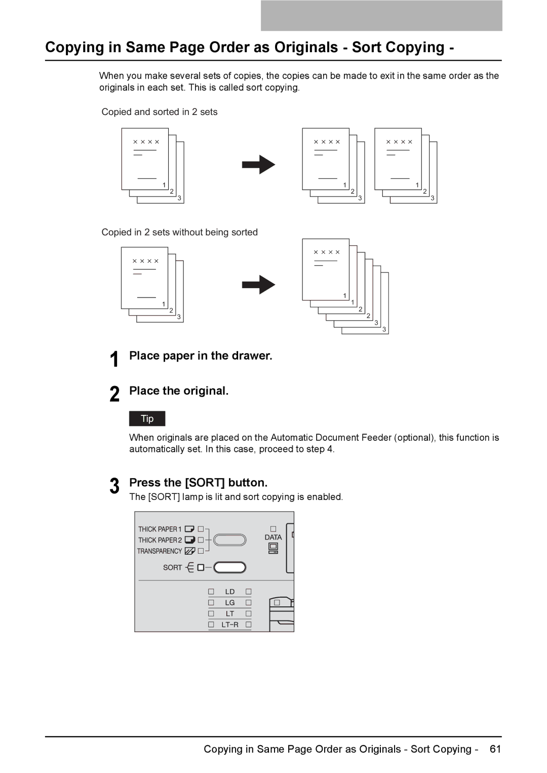 Toshiba DP-1810 manual Copying in Same Page Order as Originals Sort Copying, Press the Sort button 