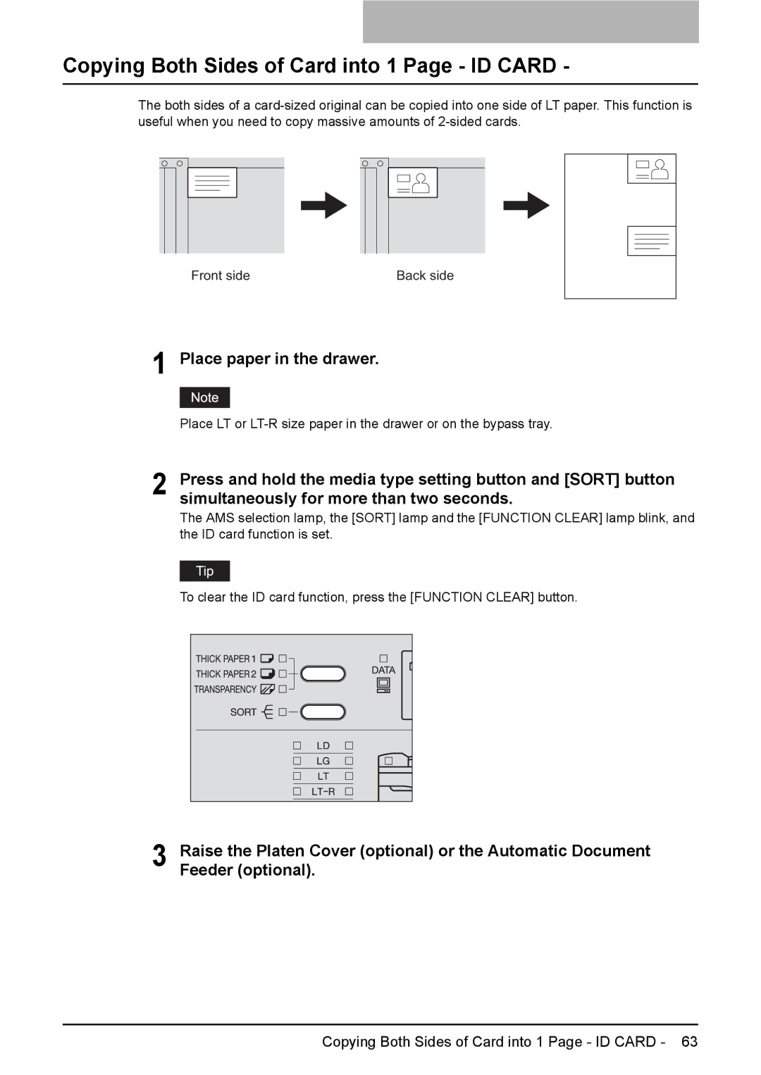 Toshiba DP-1810 manual Copying Both Sides of Card into 1 Page ID Card, Place paper in the drawer 