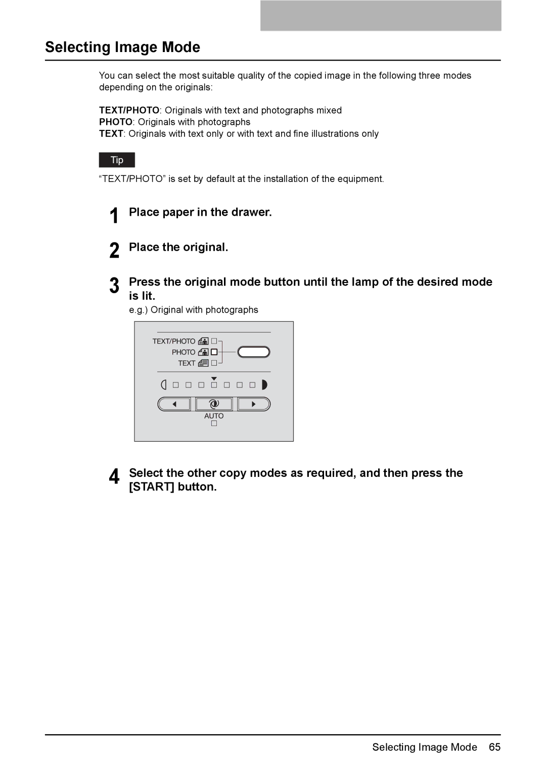 Toshiba DP-1810 manual Selecting Image Mode, Place paper in the drawer Place the original 