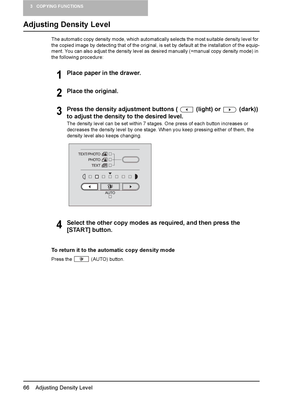 Toshiba DP-1810 manual Adjusting Density Level, To adjust the density to the desired level, Dark 