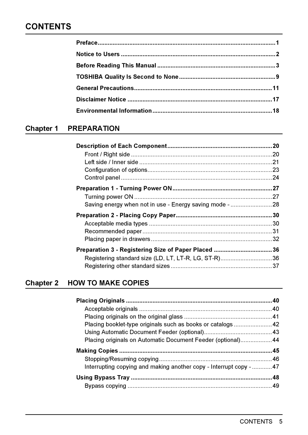 Toshiba DP-1810 manual Contents 