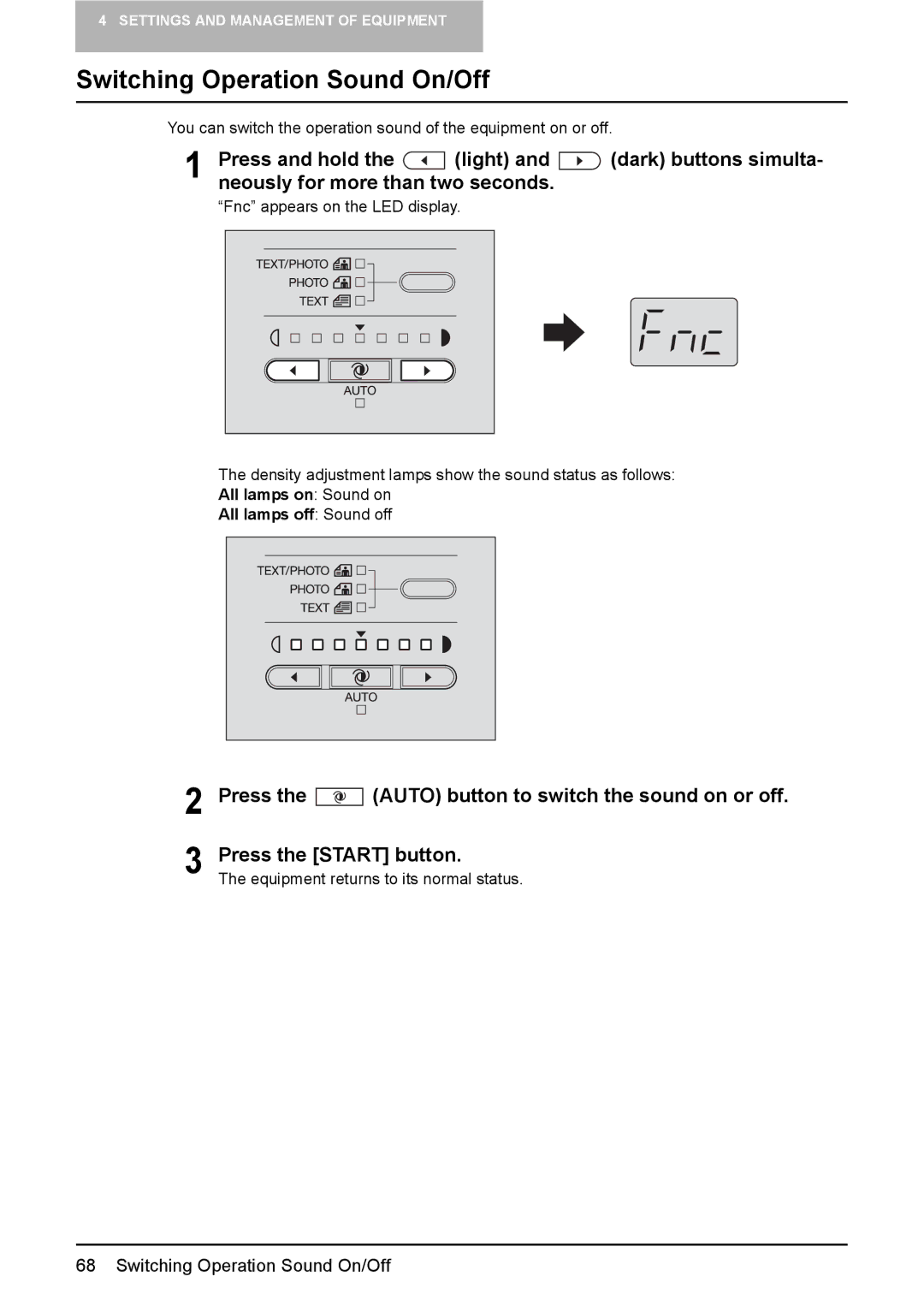 Toshiba DP-1810 manual Switching Operation Sound On/Off, All lamps on Sound on All lamps off Sound off 