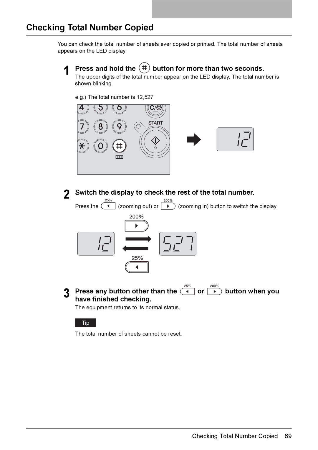 Toshiba DP-1810 manual Checking Total Number Copied, Press and hold Button for more than two seconds 