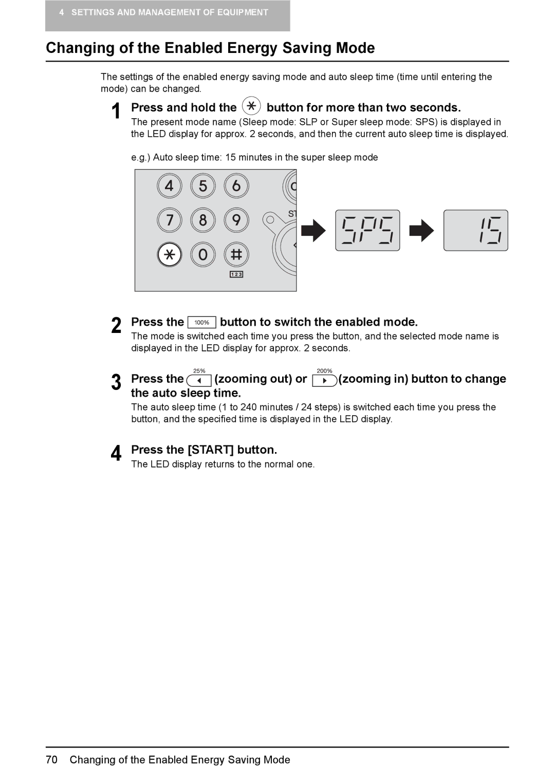 Toshiba DP-1810 manual Changing of the Enabled Energy Saving Mode, Press Button to switch the enabled mode, Auto sleep time 