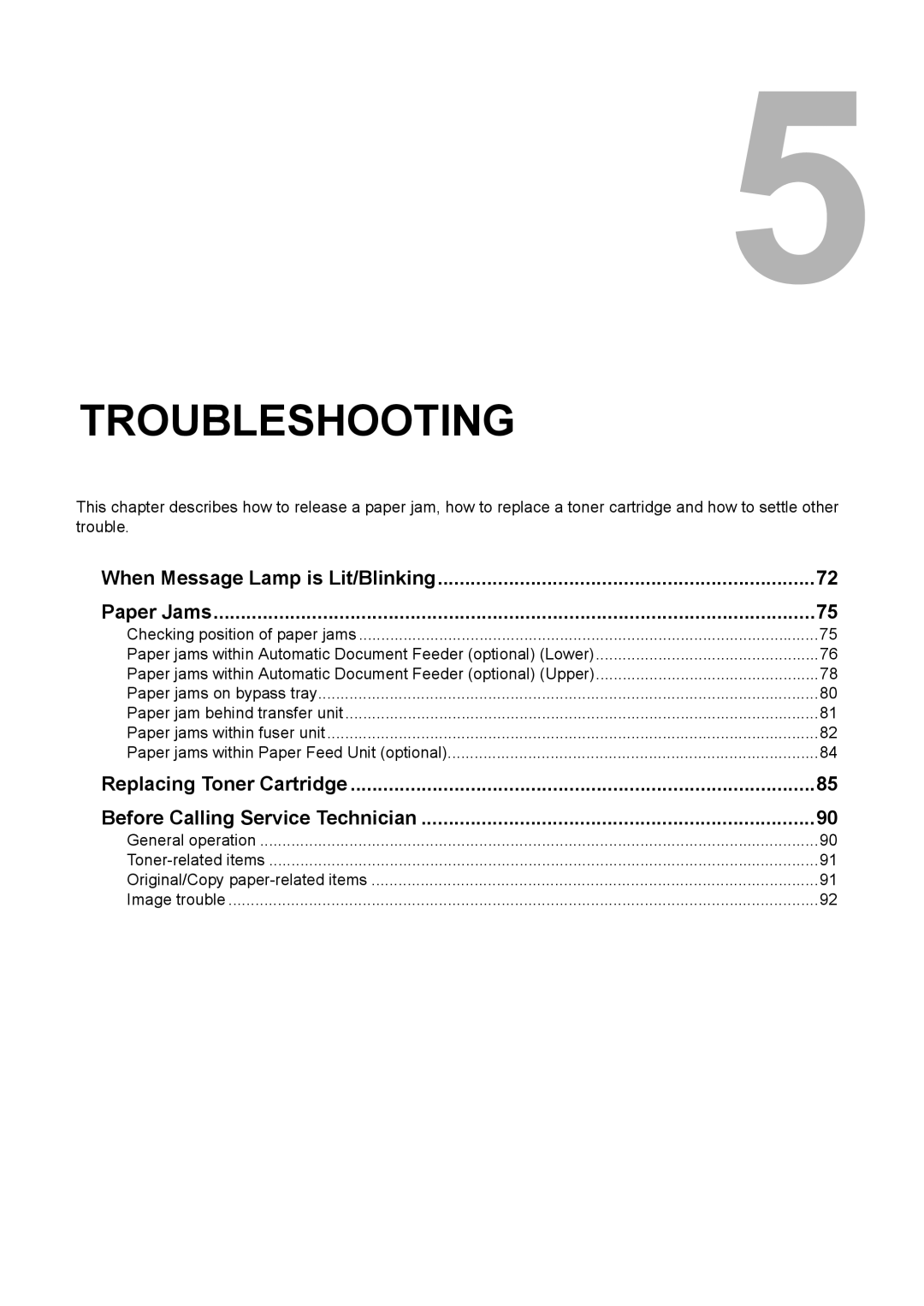 Toshiba DP-1810 manual Troubleshooting, When Message Lamp is Lit/Blinking Paper Jams 