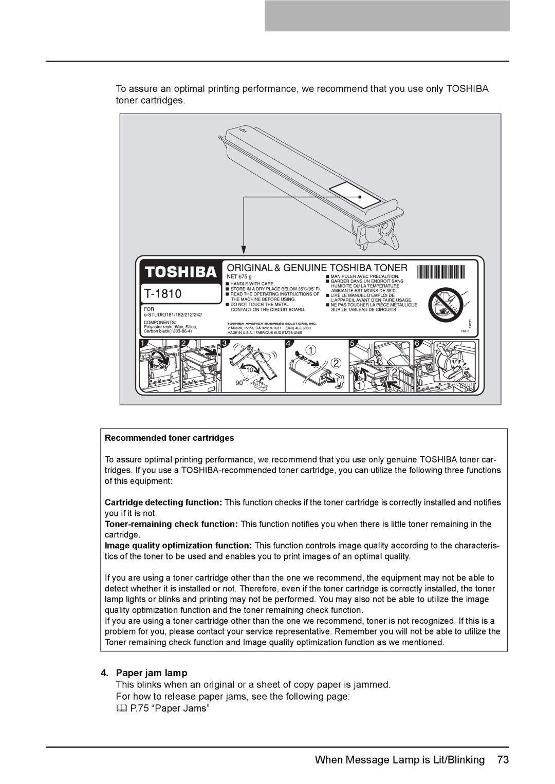 Toshiba DP-1810 manual Paper jam lamp, Recommended toner cartridges 