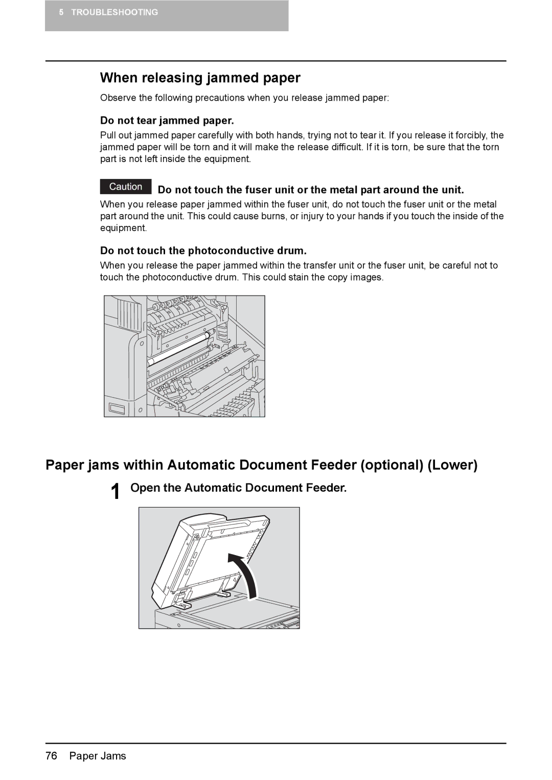 Toshiba DP-1810 manual When releasing jammed paper, Paper jams within Automatic Document Feeder optional Lower 