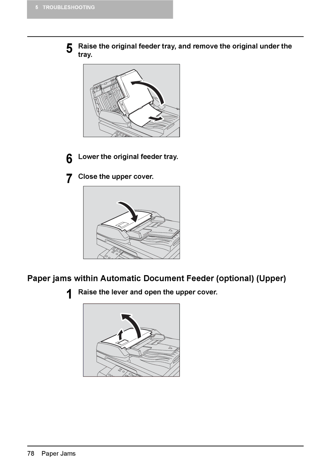 Toshiba DP-1810 manual Paper jams within Automatic Document Feeder optional Upper, Raise the lever and open the upper cover 