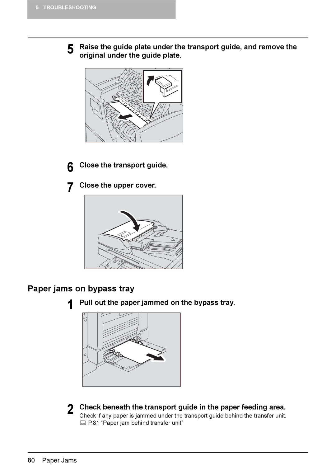 Toshiba DP-1810 manual Paper jams on bypass tray, Pull out the paper jammed on the bypass tray 