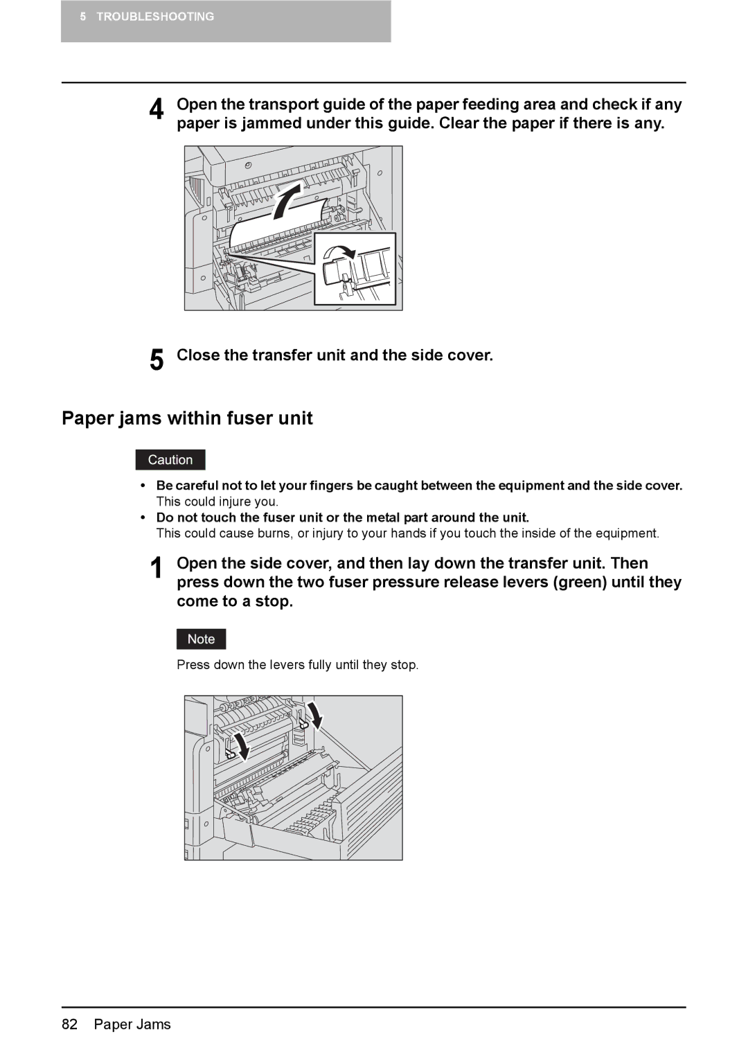 Toshiba DP-1810 manual Paper jams within fuser unit, Close the transfer unit and the side cover 