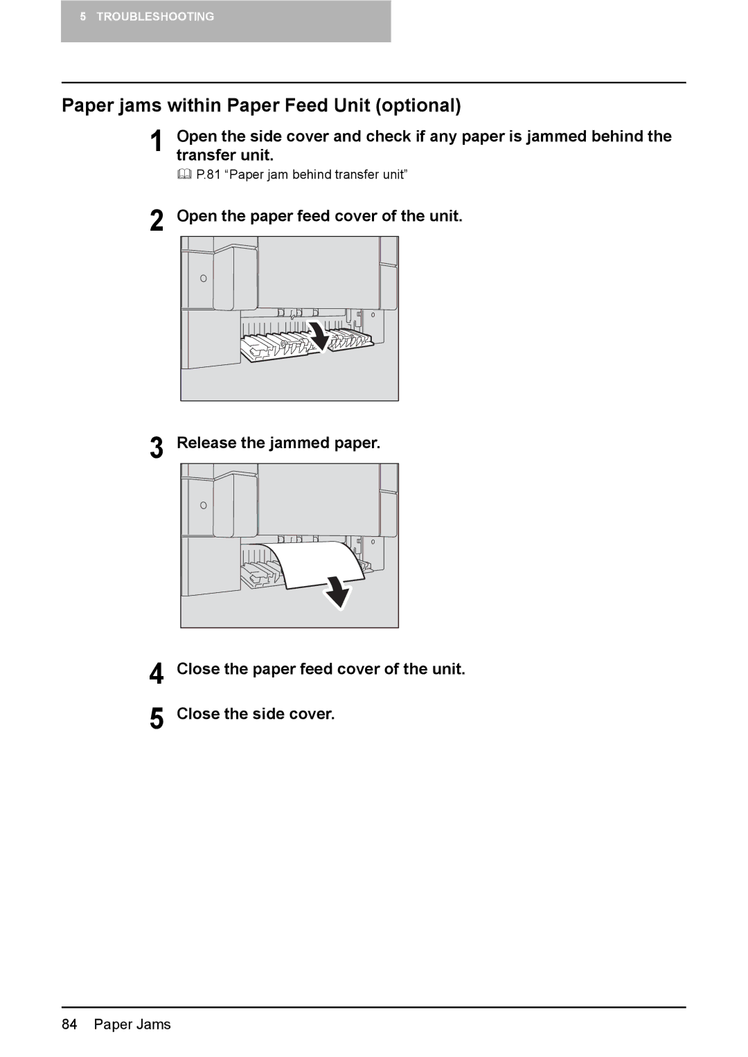 Toshiba DP-1810 manual Paper jams within Paper Feed Unit optional 