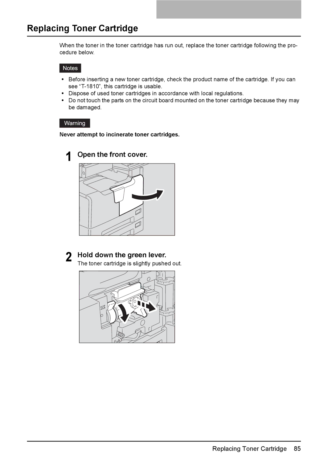 Toshiba DP-1810 manual Replacing Toner Cartridge, Open the front cover Hold down the green lever 