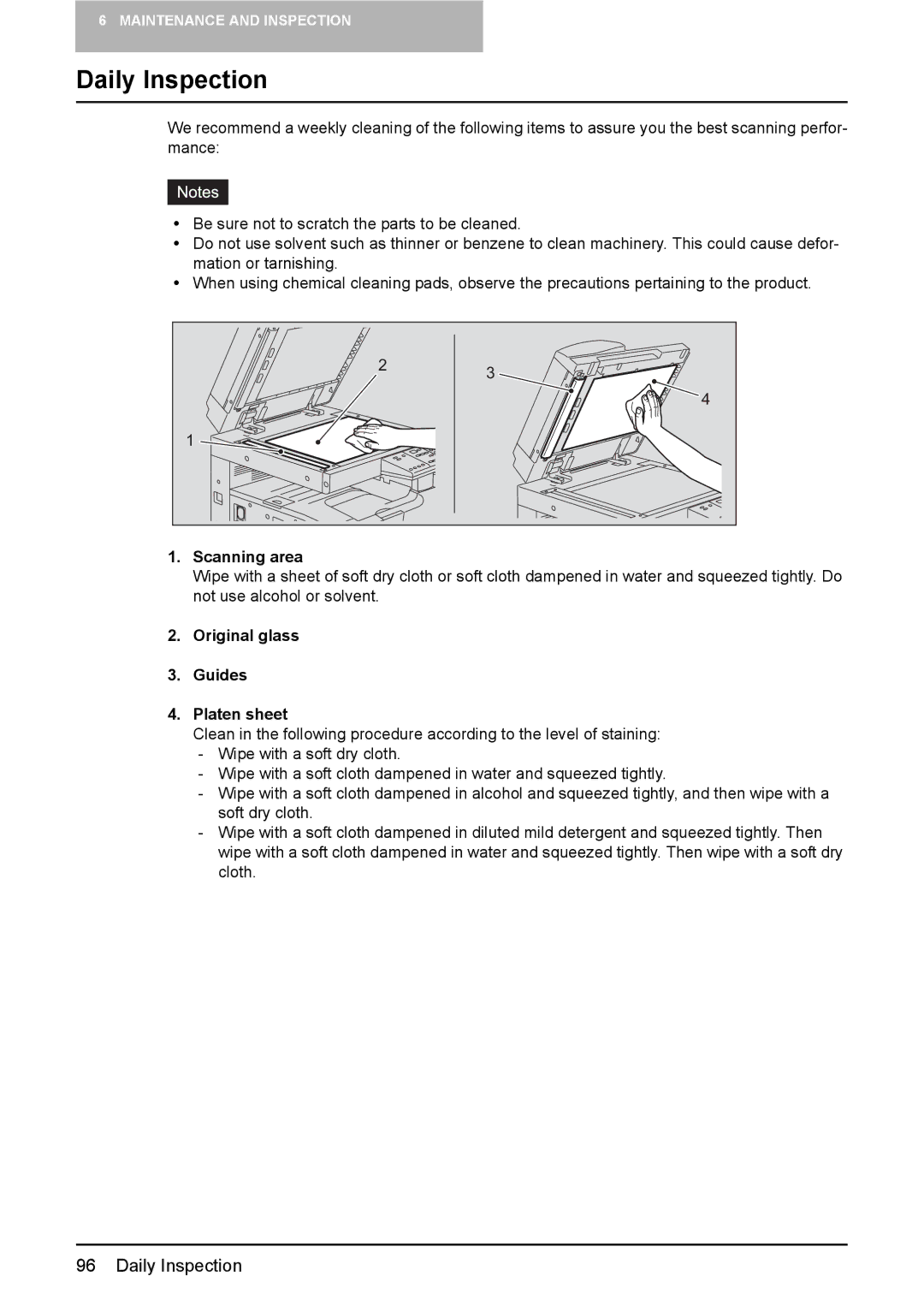 Toshiba DP-1810 manual Daily Inspection, Original glass Guides Platen sheet 