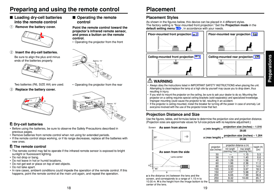 Toshiba DP-SW25T Preparing and using the remote control Placement, Loading dry-cell batteries Into the remote control 