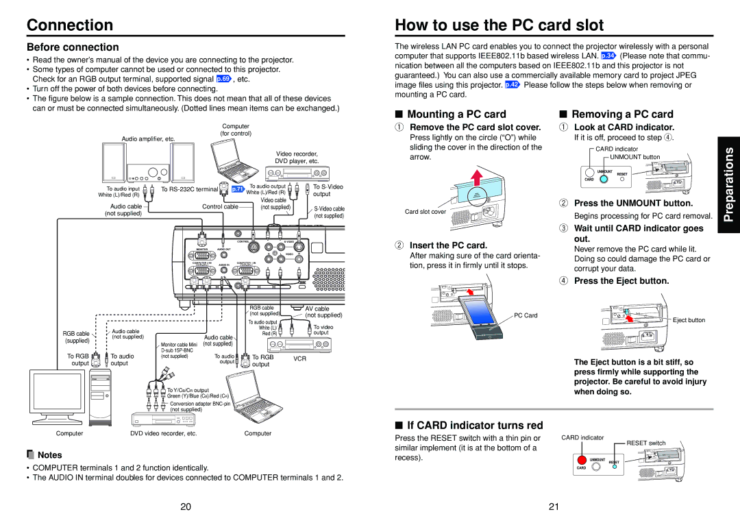 Toshiba DP-SW25T manual Connection, How to use the PC card slot 