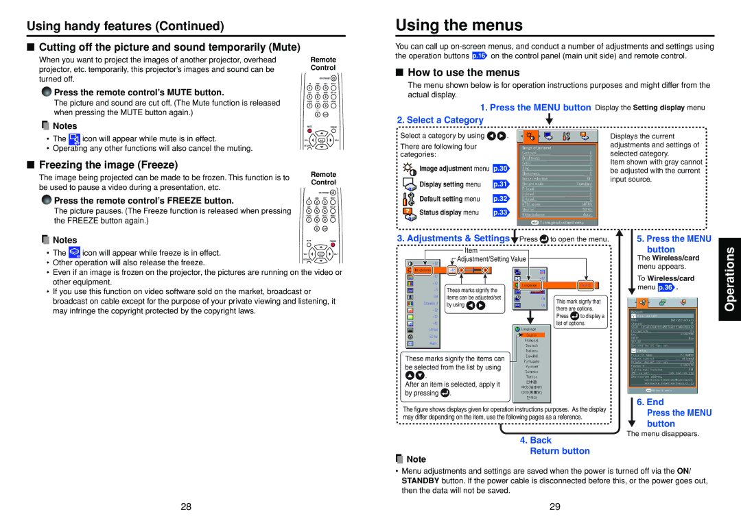 Toshiba DP-SW25T manual Using the menus, Using handy features, Cutting off the picture and sound temporarily Mute 