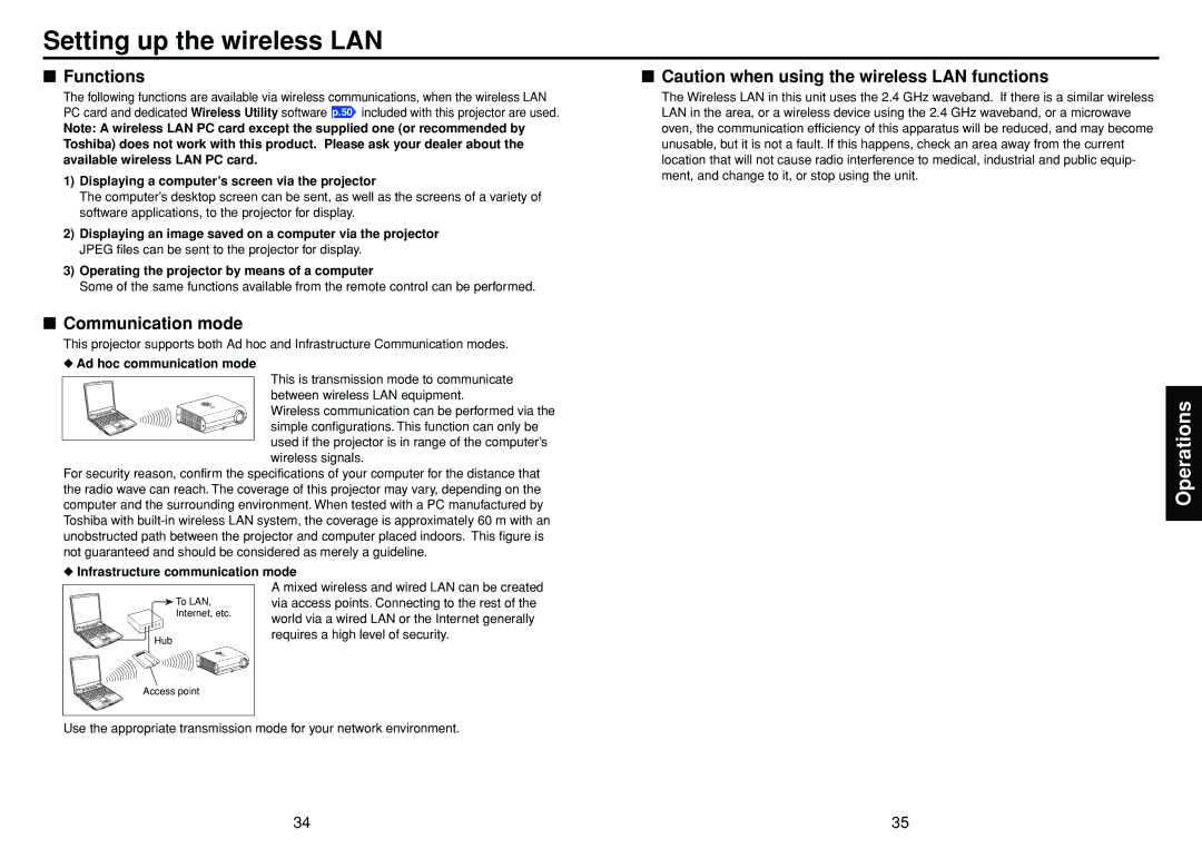 Toshiba DP-SW25T manual Setting up the wireless LAN, Functions, Communication mode 