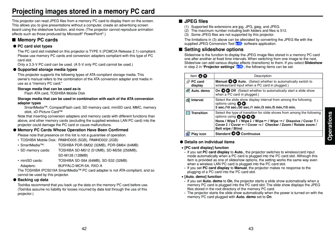 Toshiba DP-SW25T manual Memory PC cards, Jpeg files, Setting slideshow options 