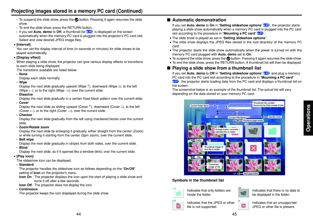 Toshiba DP-SW25T manual Automatic demonstration, Playing a slide show from a thumbnail list, Symbols in the thumbnail list 