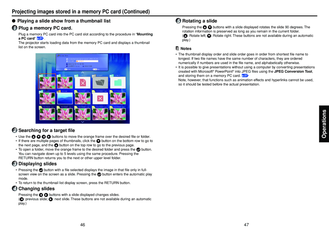 Toshiba DP-SW25T manual Searching for a target file, Displaying slides, Changing slides, PC card p.21 