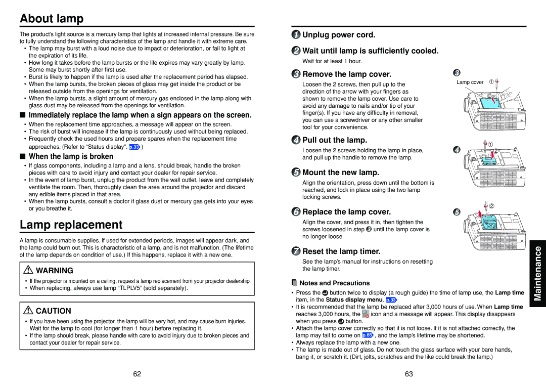 Toshiba DP-SW25T manual About lamp, Lamp replacement 