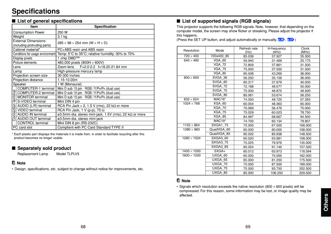 Toshiba DP-SW25T manual Specifications, List of general specifications, Separately sold product 