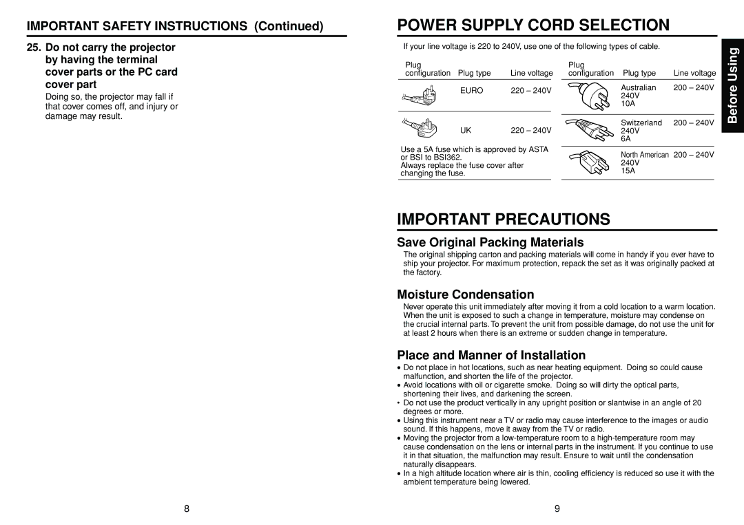 Toshiba DP-SW25T manual Save Original Packing Materials, Moisture Condensation, Place and Manner of Installation 