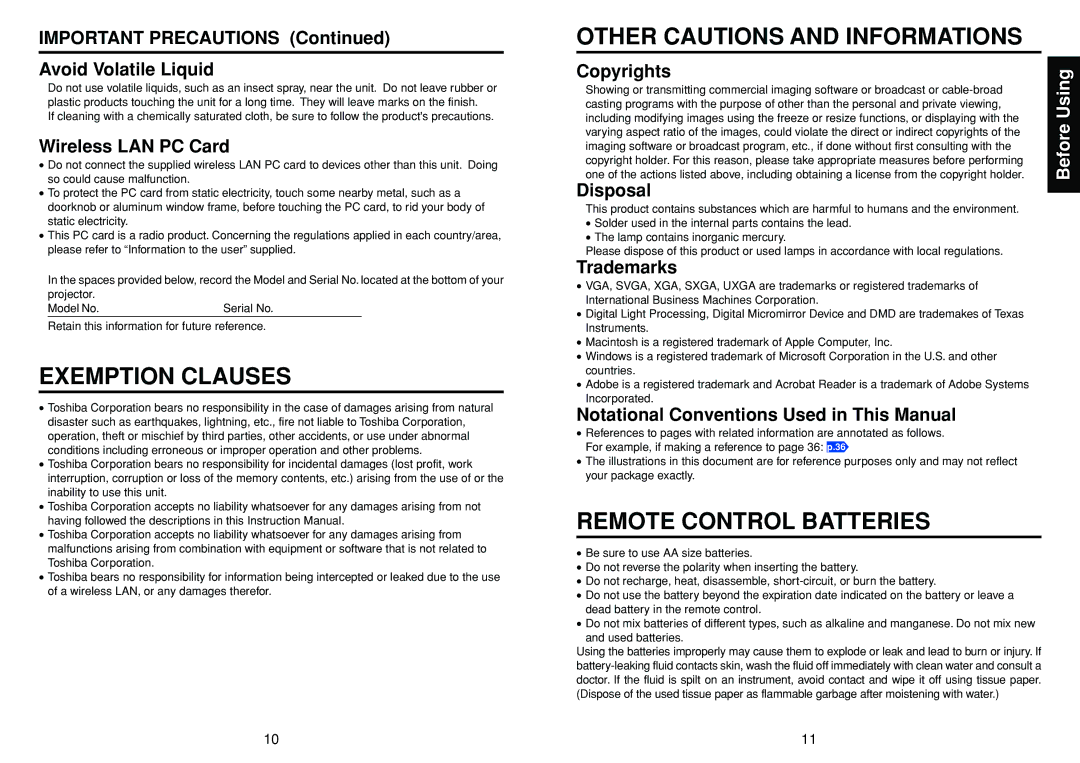 Toshiba DP-SW25T manual Important Precautions Avoid Volatile Liquid, Wireless LAN PC Card, Copyrights, Disposal, Trademarks 