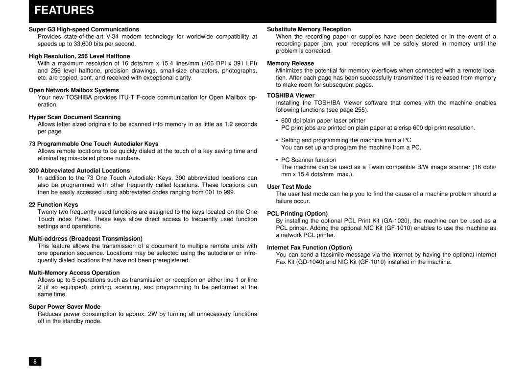 Toshiba Dp120F, DP125F manual Features 