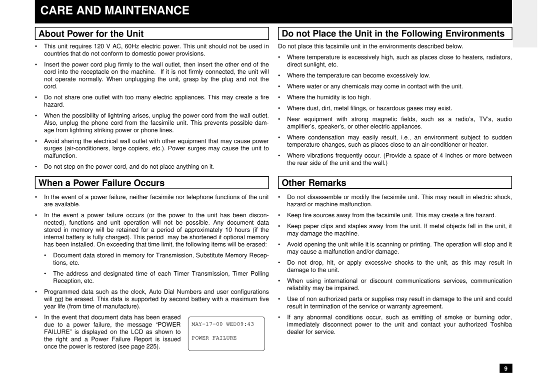 Toshiba DP125F, Dp120F Care and Maintenance, About Power for the Unit, Do not Place the Unit in the Following Environments 