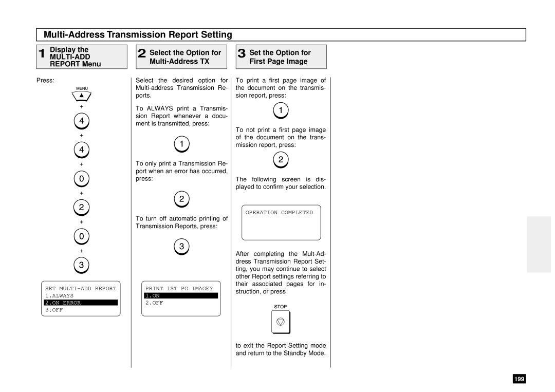 Toshiba DP125F, Dp120F Multi-Address Transmission Report Setting, Report Menu Select the Option for Set the Option for 