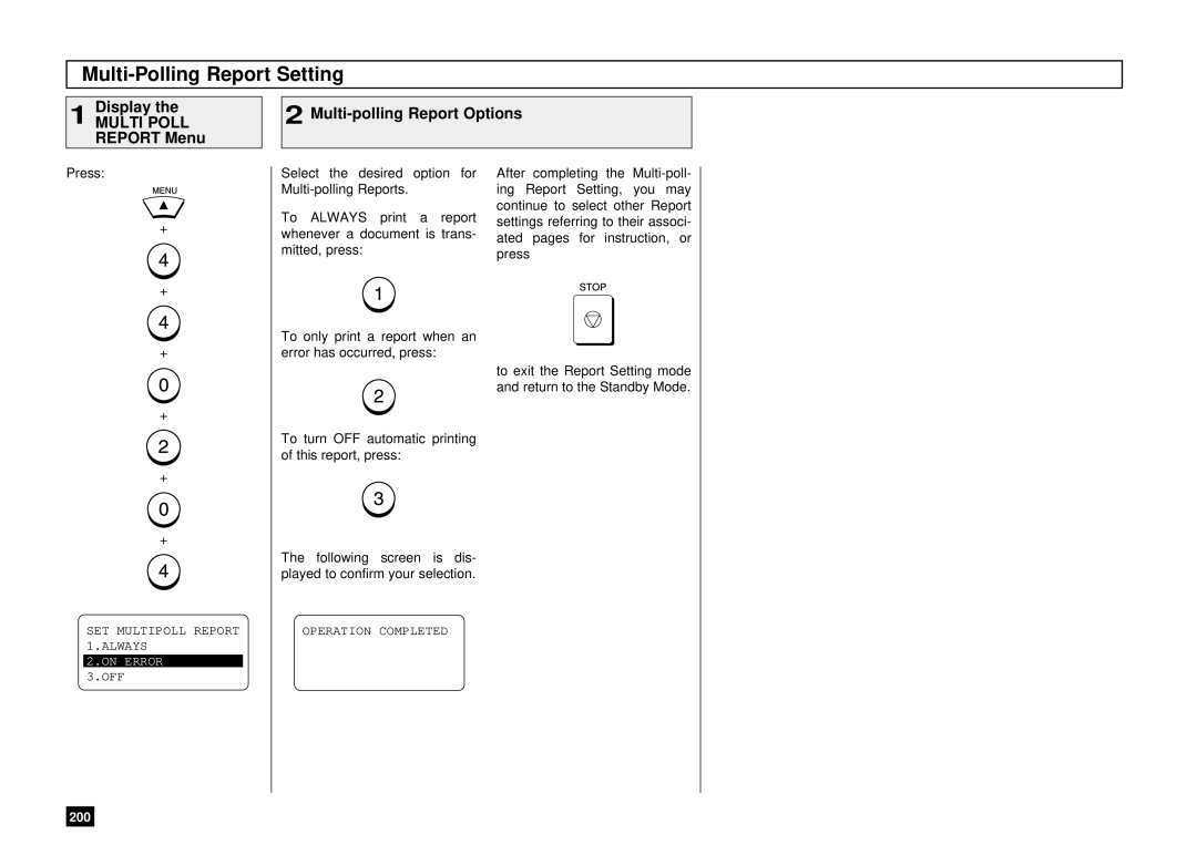 Toshiba Dp120F, DP125F manual Multi-Polling Report Setting, Multi Poll, Report Menu Multi-polling Report Options 