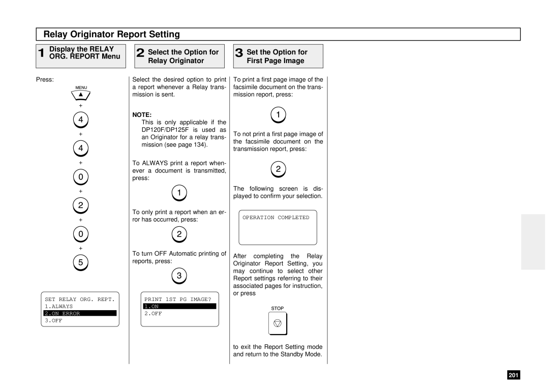 Toshiba DP125F, Dp120F manual Relay Originator Report Setting, Select the Option for Relay Originator 