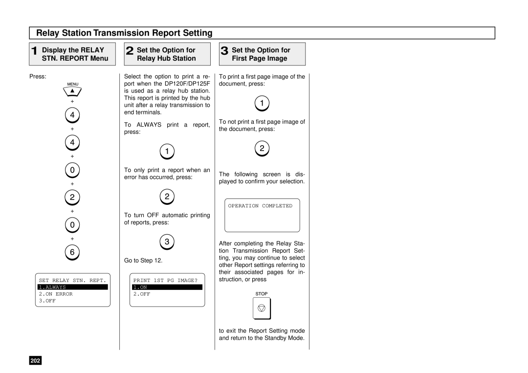 Toshiba Dp120F, DP125F Relay Station Transmission Report Setting, Set the Option for Relay Hub Station First Page Image 