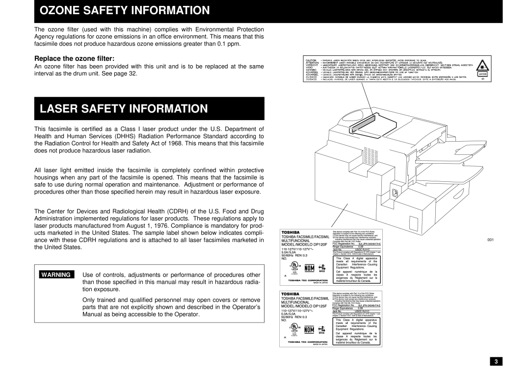 Toshiba DP125F, Dp120F manual Ozone Safety Information, Laser Safety Information, Replace the ozone filter 