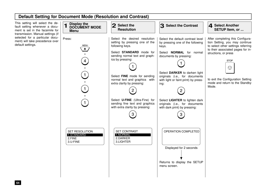 Toshiba Dp120F, DP125F manual Default Setting for Document Mode Resolution and Contrast 