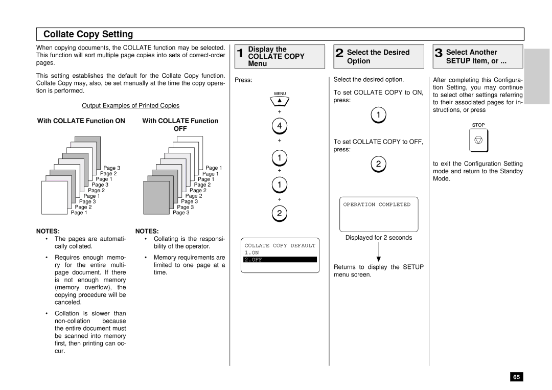 Toshiba DP125F, Dp120F manual Collate Copy Setting, With Collate Function on, Off 