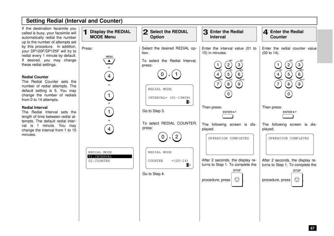 Toshiba DP125F, Dp120F manual Setting Redial Interval and Counter, Redial Counter 