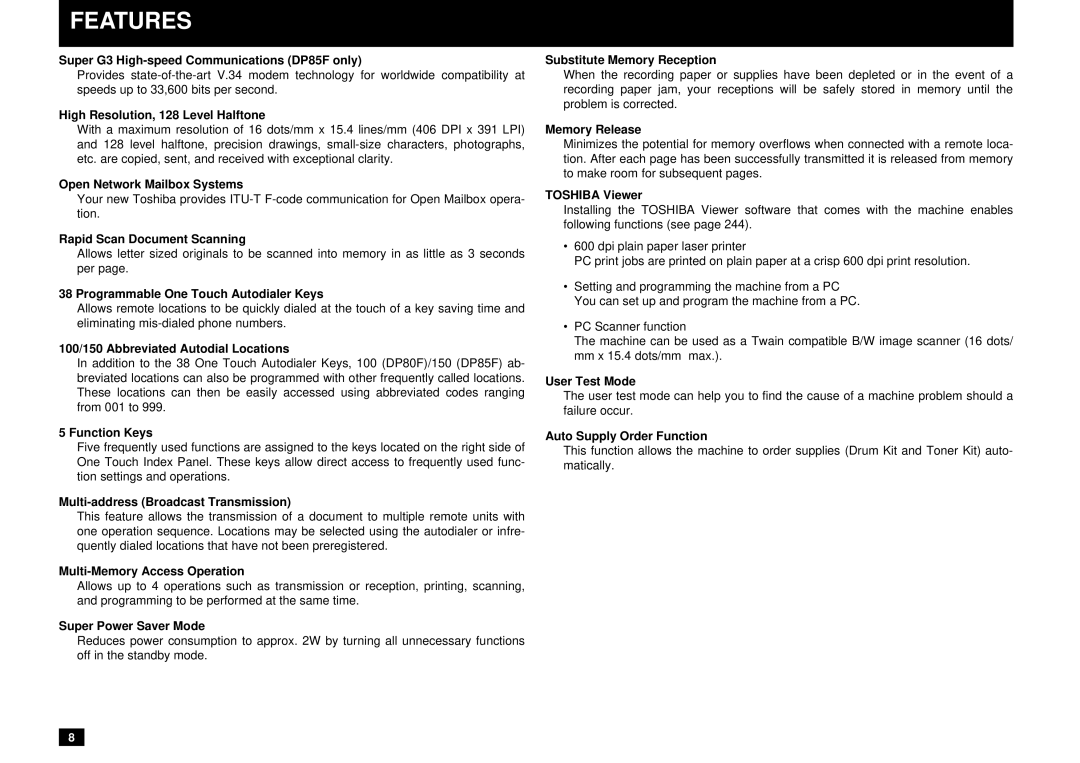 Toshiba DP85F, DP80F manual Features 